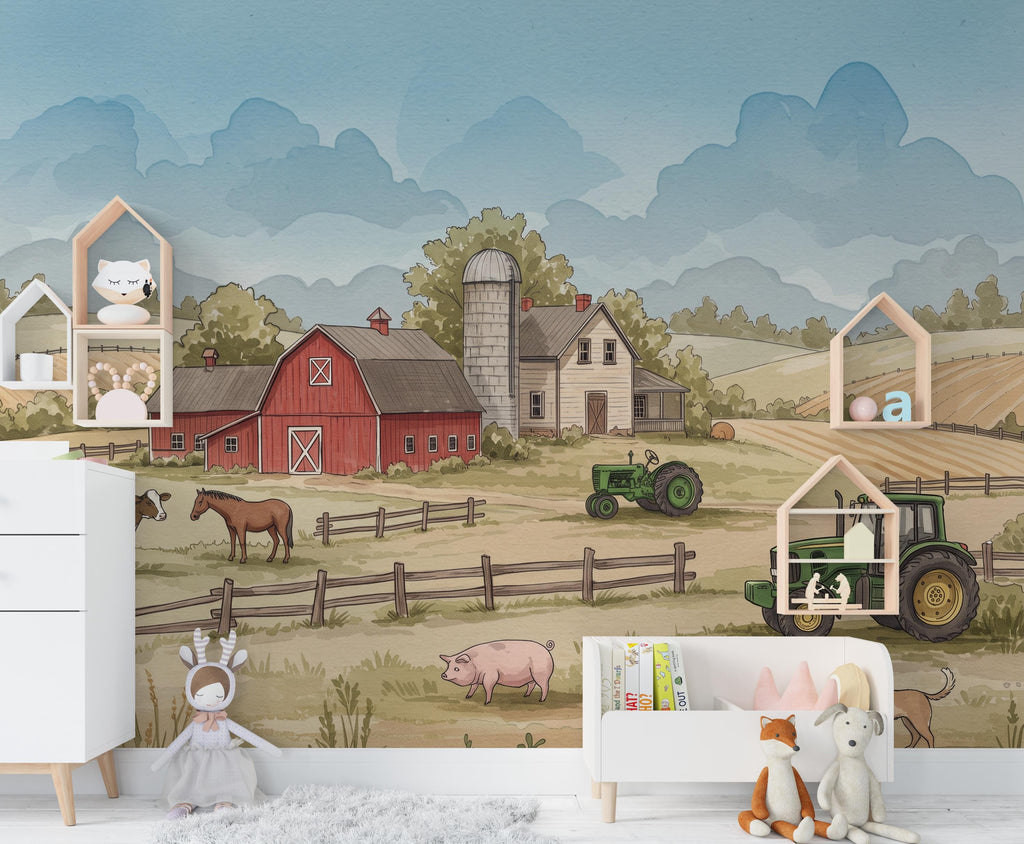 Farm Animals Wallpaper Tractor Farm Animal Peel and Stick Goat Sheep Pig Animals room Farm Wallpaper Nursery wall decor Mural 1218RS