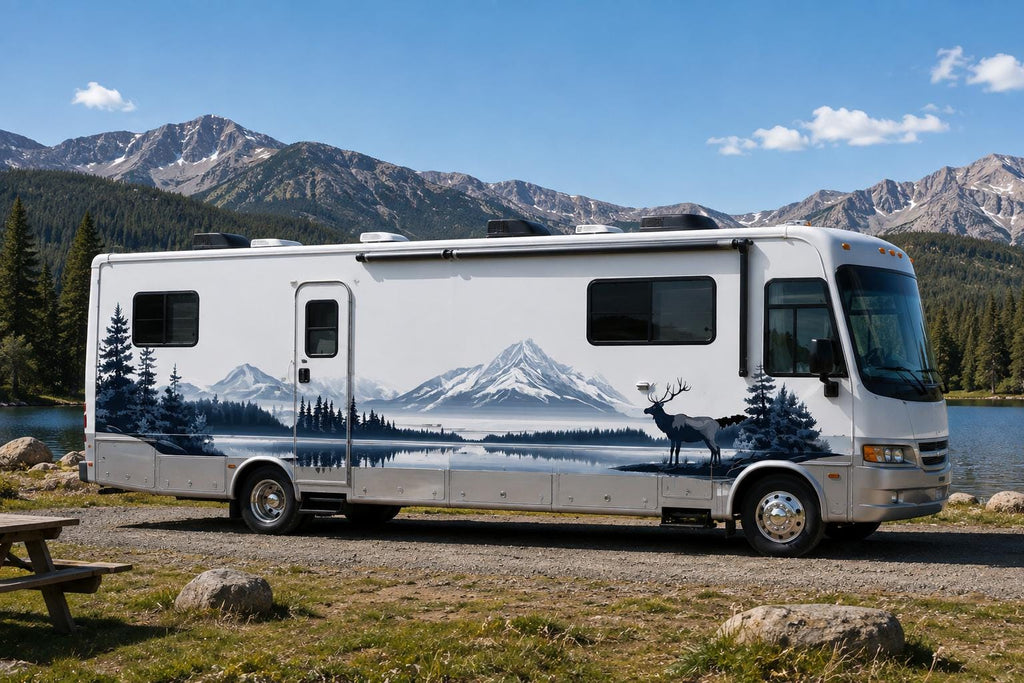 Mountain Wildlife RV Decal, Elk Camper Graphic, Mountain Lake RV Wrap, Forest Motorhome Decal, Scenic Travel Trailer Sticker cv005