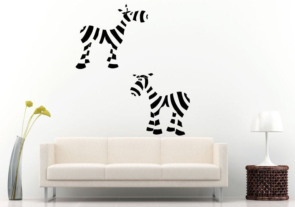 Two Baby Kids Children Toddler Funny Cartoon Animal Horse African Zebras Wall Decal Vinyl Sticker Mural Room Decor L1202