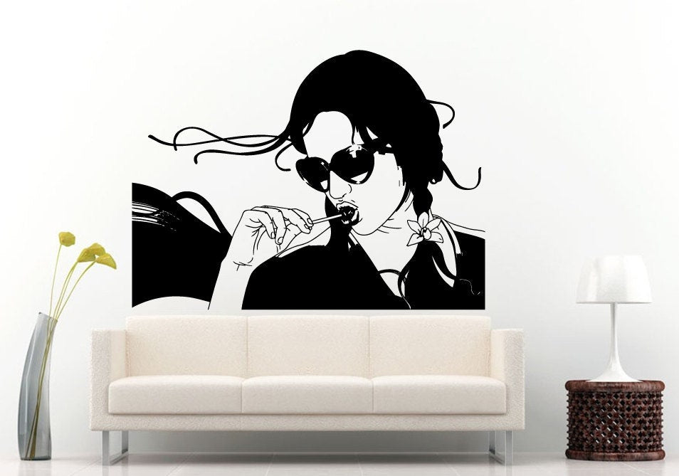 Woman Girl Chick Female With A Lolly Pop Candy In Her Mouth With Sun Glasses Shades On Wall Decal Vinyl Sticker Mural Room Decor L1210