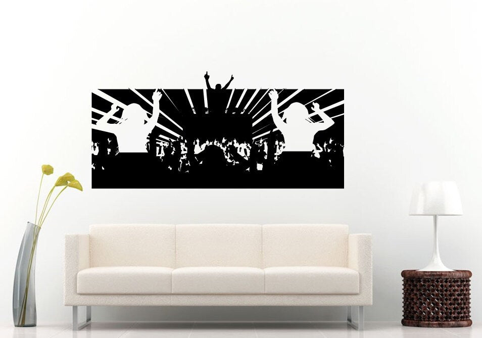 Night Club Music Festival Dj Booth Stage Turn Tables Dace Party People Crowd Hands Up Wall Decal Vinyl Sticker Mural Room Decor L1194