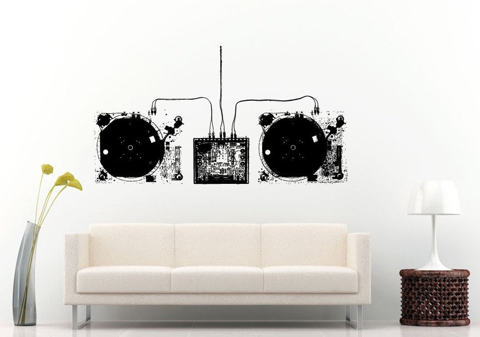 Two Dj Vinyl Turn Tables Dj Mixer Wires Blueprint Inside Parts Schematics Music Wall Decal Vinyl Sticker Mural Room Decor L1197