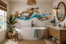 Load image into Gallery viewer, Sea Turtle Bathroom Wall Decal, Coastal Ocean Wall Sticker, Beach Bathroom Decor, Coral Reef Wall Art, Peel and Stick Bathroom Mural