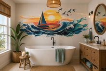 Load image into Gallery viewer, Sailboat Sunset Wall Decal, Coastal Ocean Wall Sticker, Beach Bathroom Decor, Nautical Wall Art, Peel and Stick Beach House Mural