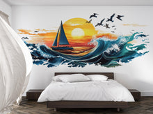 Load image into Gallery viewer, Sailboat Sunset Wall Decal, Coastal Ocean Wall Sticker, Beach Bathroom Decor, Nautical Wall Art, Peel and Stick Beach House Mural