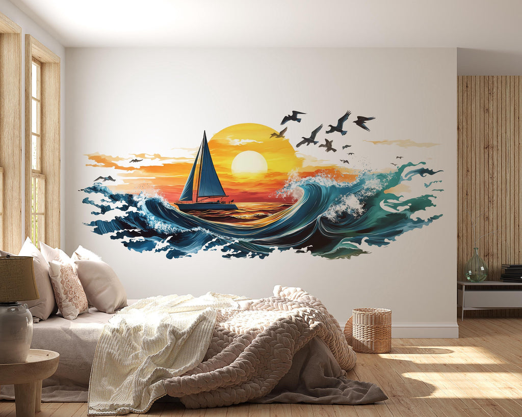 Sailboat Sunset Wall Decal, Coastal Ocean Wall Sticker, Beach Bathroom Decor, Nautical Wall Art, Peel and Stick Beach House Mural