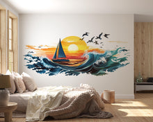 Load image into Gallery viewer, Sailboat Sunset Wall Decal, Coastal Ocean Wall Sticker, Beach Bathroom Decor, Nautical Wall Art, Peel and Stick Beach House Mural