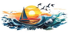 Load image into Gallery viewer, Sailboat Sunset Wall Decal, Coastal Ocean Wall Sticker, Beach Bathroom Decor, Nautical Wall Art, Peel and Stick Beach House Mural