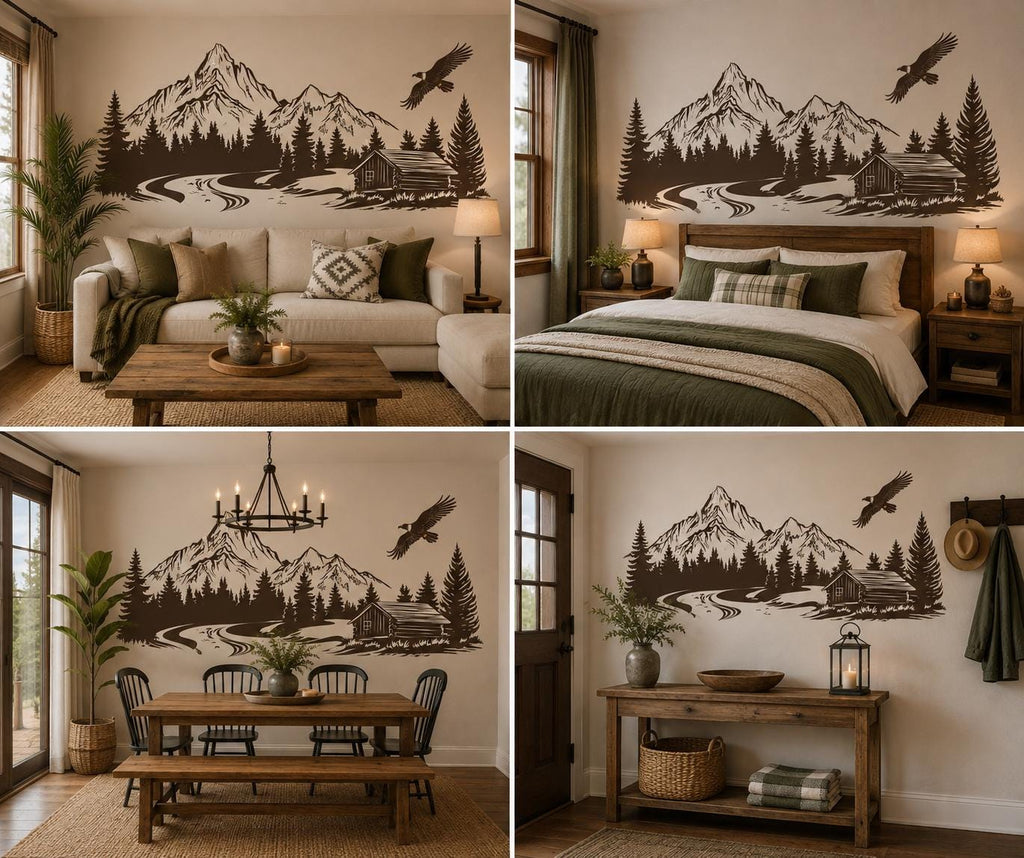 Mountain Cabin Wall Decal, Rustic Forest Wall Sticker, Mountain Bedroom Decor, Cabin Wall Art, Woodland Nursery, Lodge Decor