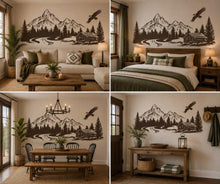Load image into Gallery viewer, Mountain Cabin Wall Decal, Rustic Forest Wall Sticker, Mountain Bedroom Decor, Cabin Wall Art, Woodland Nursery, Lodge Decor