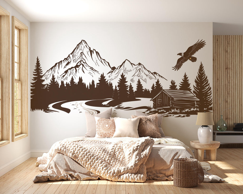 Mountain Cabin Wall Decal, Rustic Forest Wall Sticker, Mountain Bedroom Decor, Cabin Wall Art, Woodland Nursery, Lodge Decor