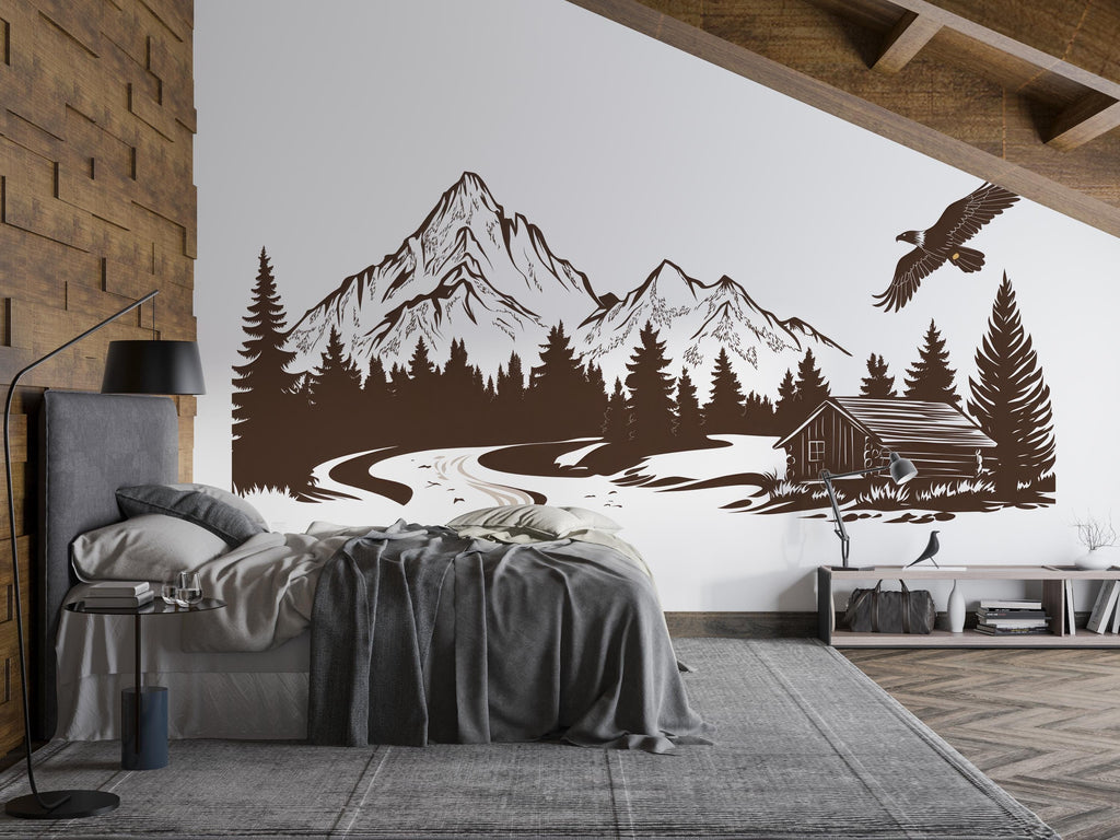 Mountain Cabin Wall Decal, Rustic Forest Wall Sticker, Mountain Bedroom Decor, Cabin Wall Art, Woodland Nursery, Lodge Decor