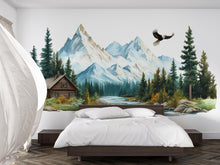 Load image into Gallery viewer, Mountain Cabin Wall Decal, Rustic Mountain Landscape Wall Sticker, Forest Cabin Bedroom Decor, Lodge Wall Art, Airbnb Cabin Decor