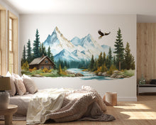 Load image into Gallery viewer, Mountain Cabin Wall Decal, Rustic Mountain Landscape Wall Sticker, Forest Cabin Bedroom Decor, Lodge Wall Art, Airbnb Cabin Decor