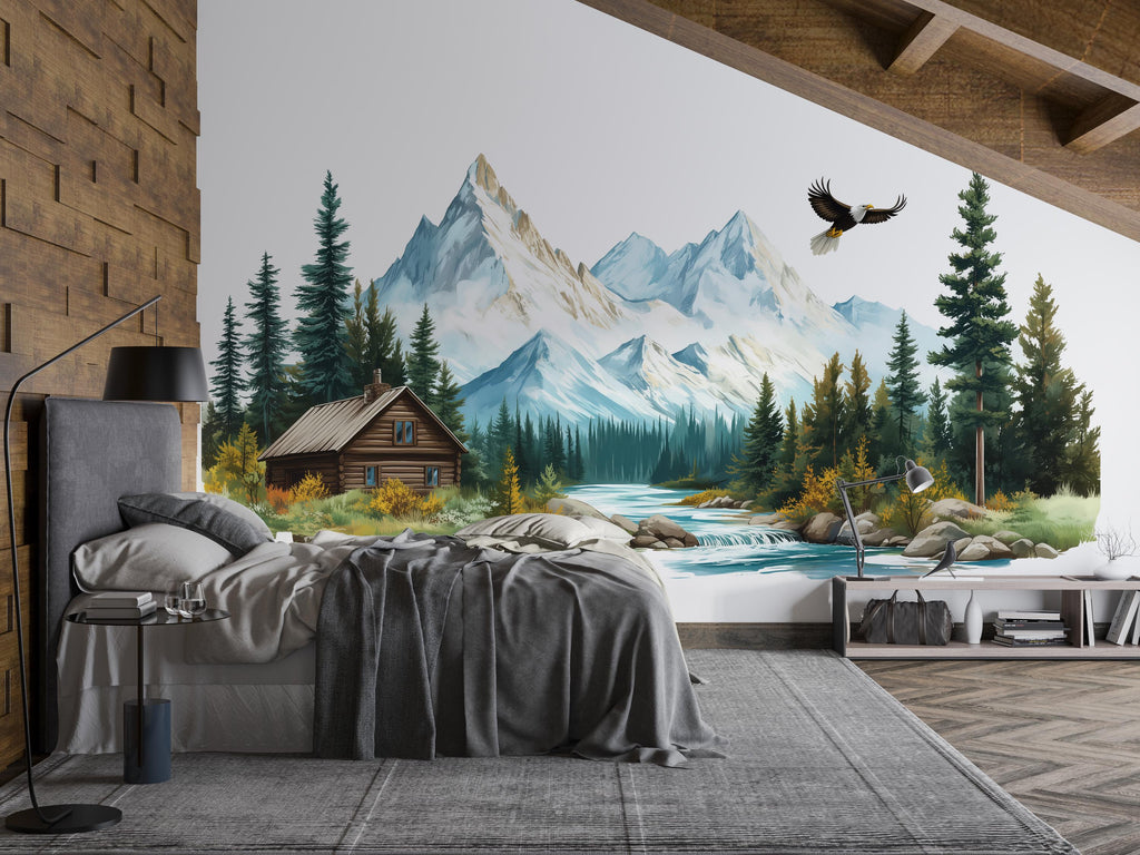 Mountain Cabin Wall Decal, Rustic Mountain Landscape Wall Sticker, Forest Cabin Bedroom Decor, Lodge Wall Art, Airbnb Cabin Decor