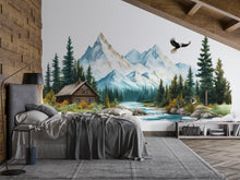 Load image into Gallery viewer, Mountain Cabin Wall Decal, Rustic Mountain Landscape Wall Sticker, Forest Cabin Bedroom Decor, Lodge Wall Art, Airbnb Cabin Decor