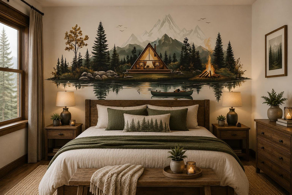 Mountain Lake Cabin Wall Decal, A-Frame Cabin Wall Sticker, Rustic Forest Wall Art, Camping Decor, Airbnb Cabin Decor, Lodge Bedroom