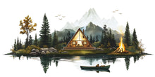 Load image into Gallery viewer, Mountain Lake Cabin Wall Decal, A-Frame Cabin Wall Sticker, Rustic Forest Wall Art, Camping Decor, Airbnb Cabin Decor, Lodge Bedroom