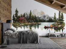 Load image into Gallery viewer, Mountain Cabin Wall Decal, Rustic Lake &amp; Forest Wall Sticker, Cozy Lodge Bedroom Decor, Airbnb Wall Art, Mountain Landscape Vinyl Decal