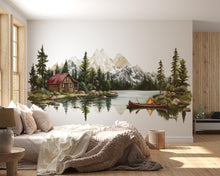 Load image into Gallery viewer, Mountain Cabin Wall Decal, Rustic Lake &amp; Forest Wall Sticker, Cozy Lodge Bedroom Decor, Airbnb Wall Art, Mountain Landscape Vinyl Decal