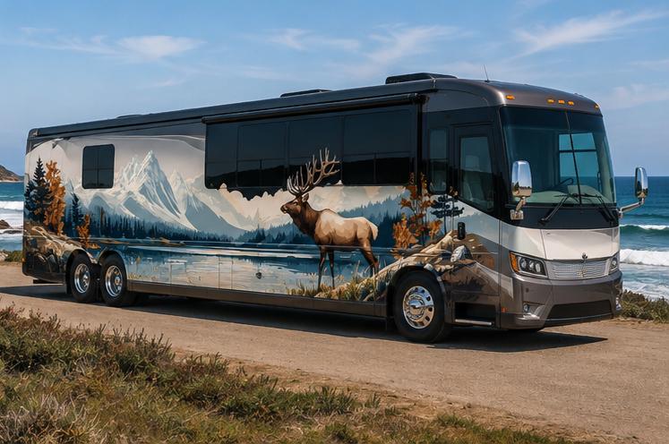 Mountain Elk RV Decal, Travel Trailer Mountain Lake Graphic, Camper Side Vinyl Wrap, Motorhome Decal, Nature Wildlife Sticker cv007