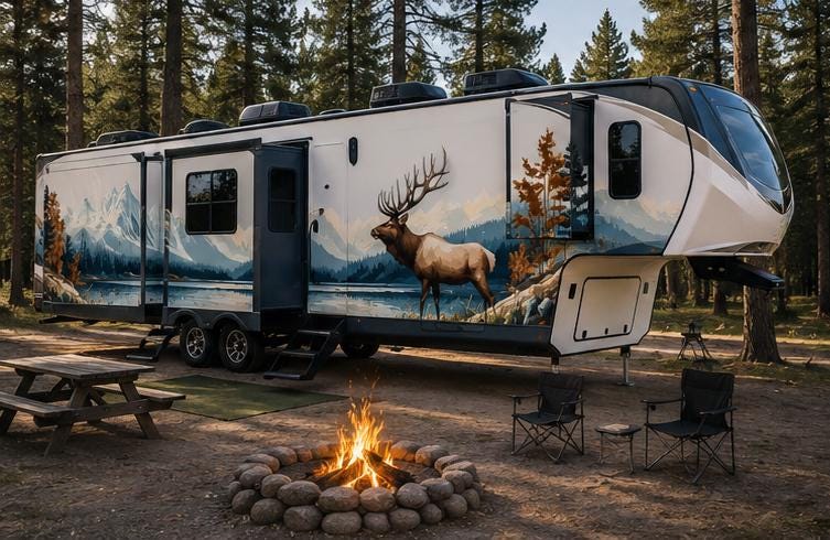 Mountain Elk RV Decal, Travel Trailer Mountain Lake Graphic, Camper Side Vinyl Wrap, Motorhome Decal, Nature Wildlife Sticker cv007