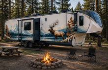 Load image into Gallery viewer, Mountain Elk RV Decal, Travel Trailer Mountain Lake Graphic, Camper Side Vinyl Wrap, Motorhome Decal, Nature Wildlife Sticker cv007