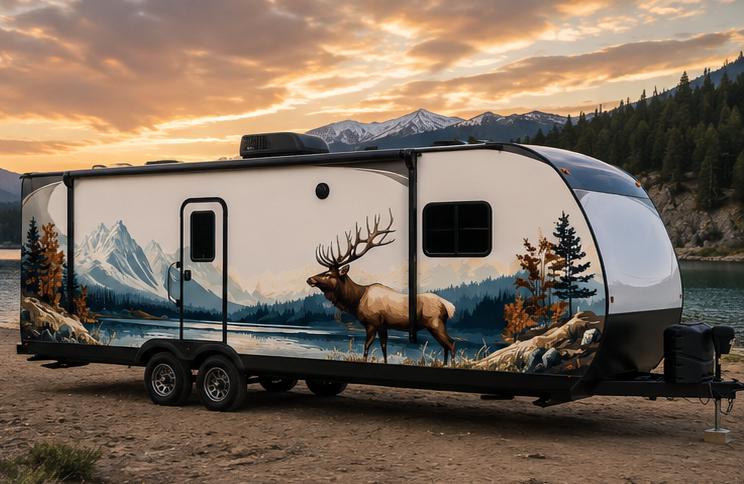 Mountain Elk RV Decal, Travel Trailer Mountain Lake Graphic, Camper Side Vinyl Wrap, Motorhome Decal, Nature Wildlife Sticker cv007