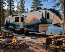 Load image into Gallery viewer, Mountain Sunset RV Decal, Camper Lake Landscape Wrap, Travel Trailer Vinyl Graphic, Motorhome Nature Sticker, RV Side Decal cv008