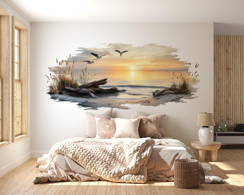 Coastal Sunrise Wall Mural, Beach Bedroom Wallpaper, Airbnb Coastal Decor, Ocean Wall Mural, Peel and Stick Wallpaper, Beach House