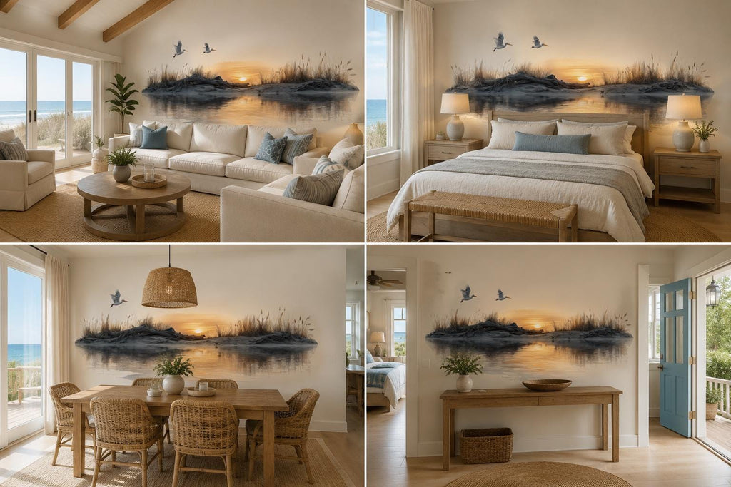 Coastal Sunset Wall Mural, Beach Bedroom Wallpaper, Airbnb Beach Decor, Ocean Peel and Stick Wallpaper, Seagull Wall Mural, Beach House
