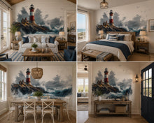 Load image into Gallery viewer, Coastal Lighthouse Wall Mural, Nautical Wallpaper, Beach House Decor, Peel and Stick Wallpaper, Ocean Wave Wall Mural, Airbnb Coastal Decor