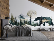 Load image into Gallery viewer, Bear Forest Wall Decal, Rustic Cabin Wall Decor, Mountain Bear Wall Sticker, Woodland Nursery Wall Art, Airbnb Lodge Decor, Nature Vinyl