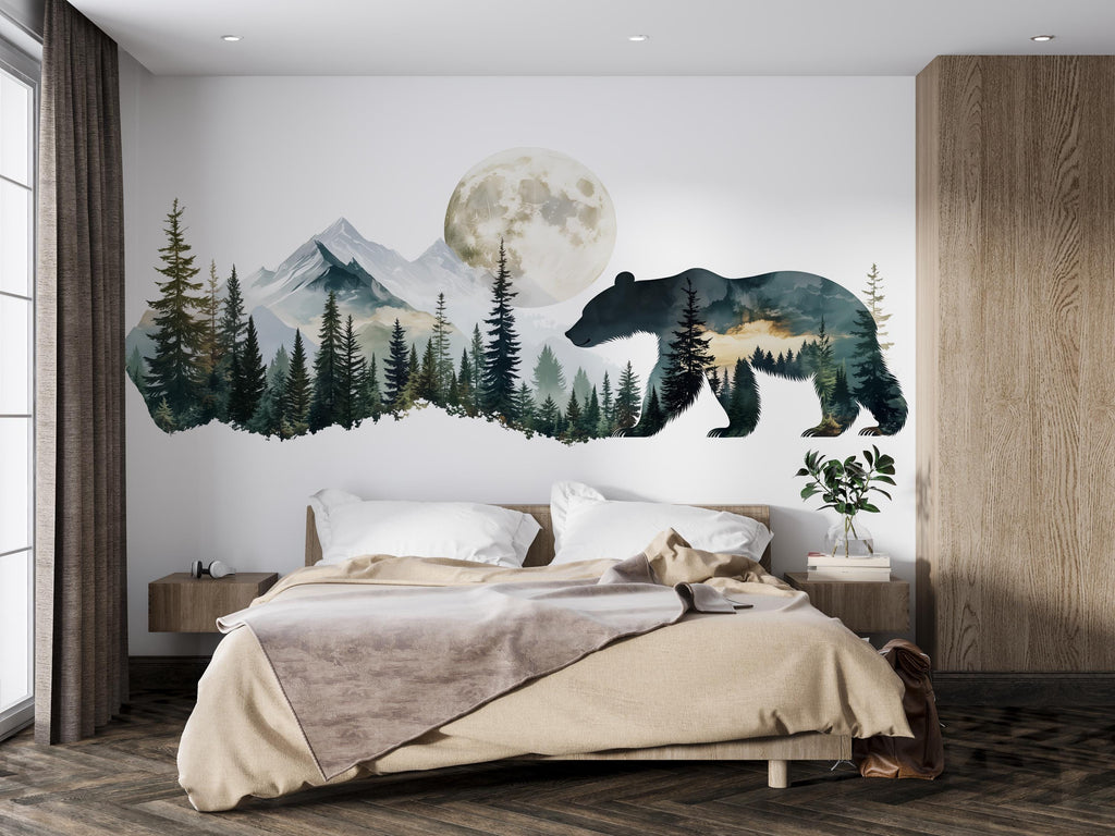 Bear Forest Wall Decal, Rustic Cabin Wall Decor, Mountain Bear Wall Sticker, Woodland Nursery Wall Art, Airbnb Lodge Decor, Nature Vinyl