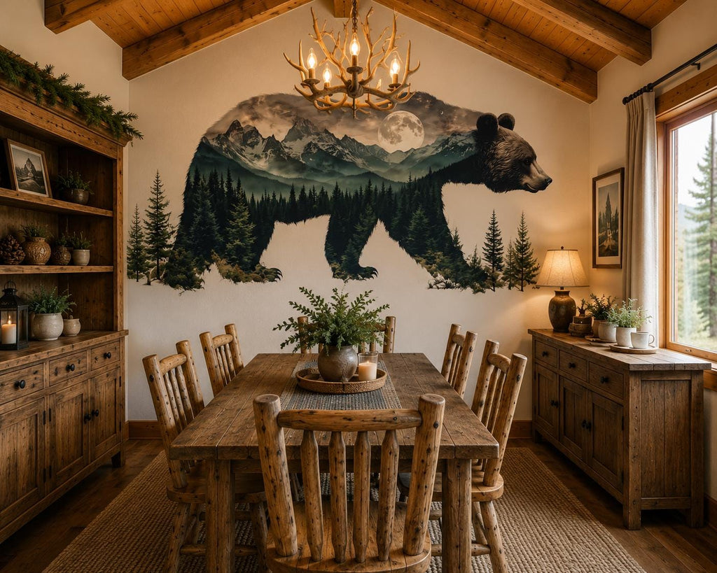 Bear Mountain Wall Decal, Rustic Cabin Wall Decor, Woodland Bear Wall Sticker, Mountain Lodge Wall Art, Airbnb Cabin Decor, Nature Vinyl
