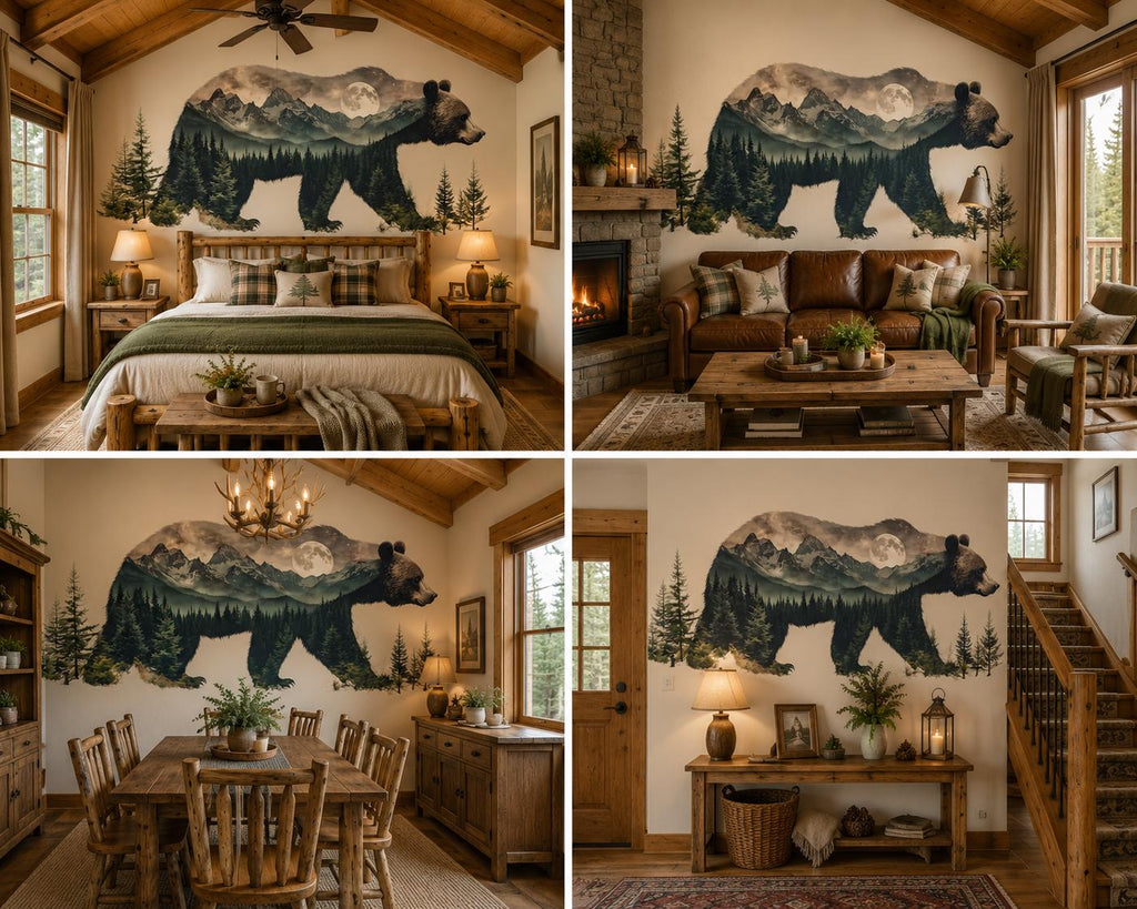 Bear Mountain Wall Decal, Rustic Cabin Wall Decor, Woodland Bear Wall Sticker, Mountain Lodge Wall Art, Airbnb Cabin Decor, Nature Vinyl