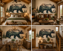 Load image into Gallery viewer, Bear Mountain Wall Decal, Rustic Cabin Wall Decor, Woodland Bear Wall Sticker, Mountain Lodge Wall Art, Airbnb Cabin Decor, Nature Vinyl
