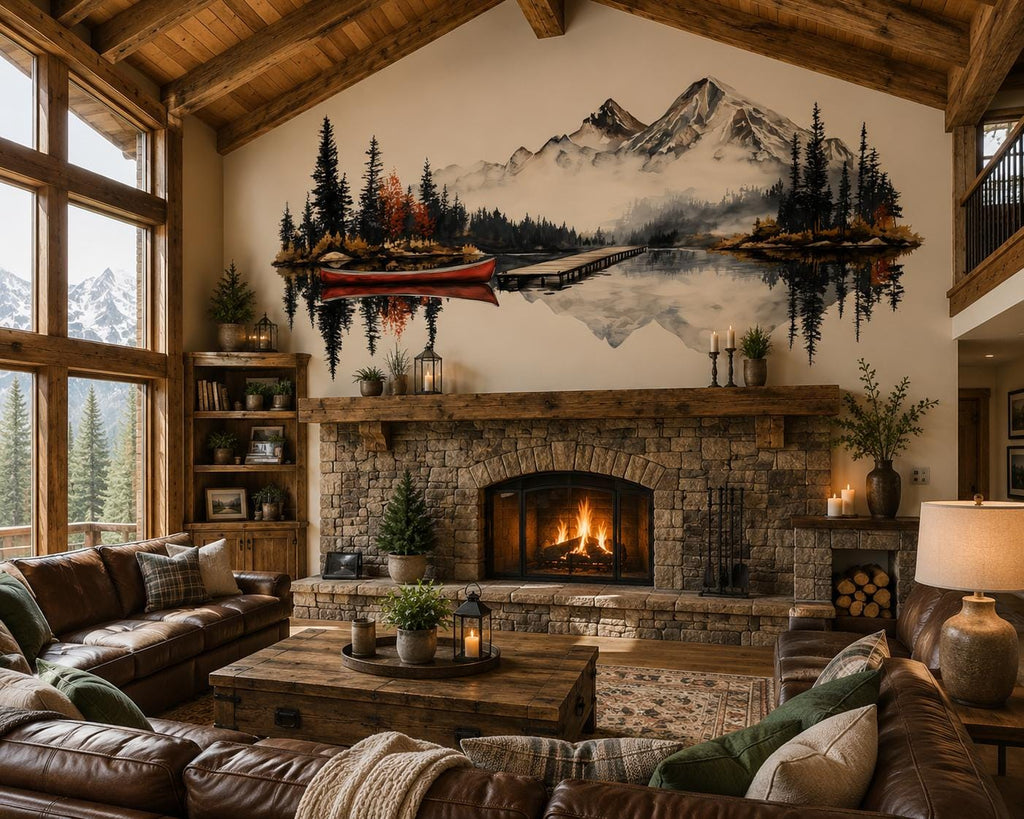 Mountain Lake Wall Decal, Rustic Cabin Wall Decor, Canoe Lake Wall Sticker, Lodge Fireplace Wall Art, Airbnb Cabin Decor, Nature Vinyl Decal