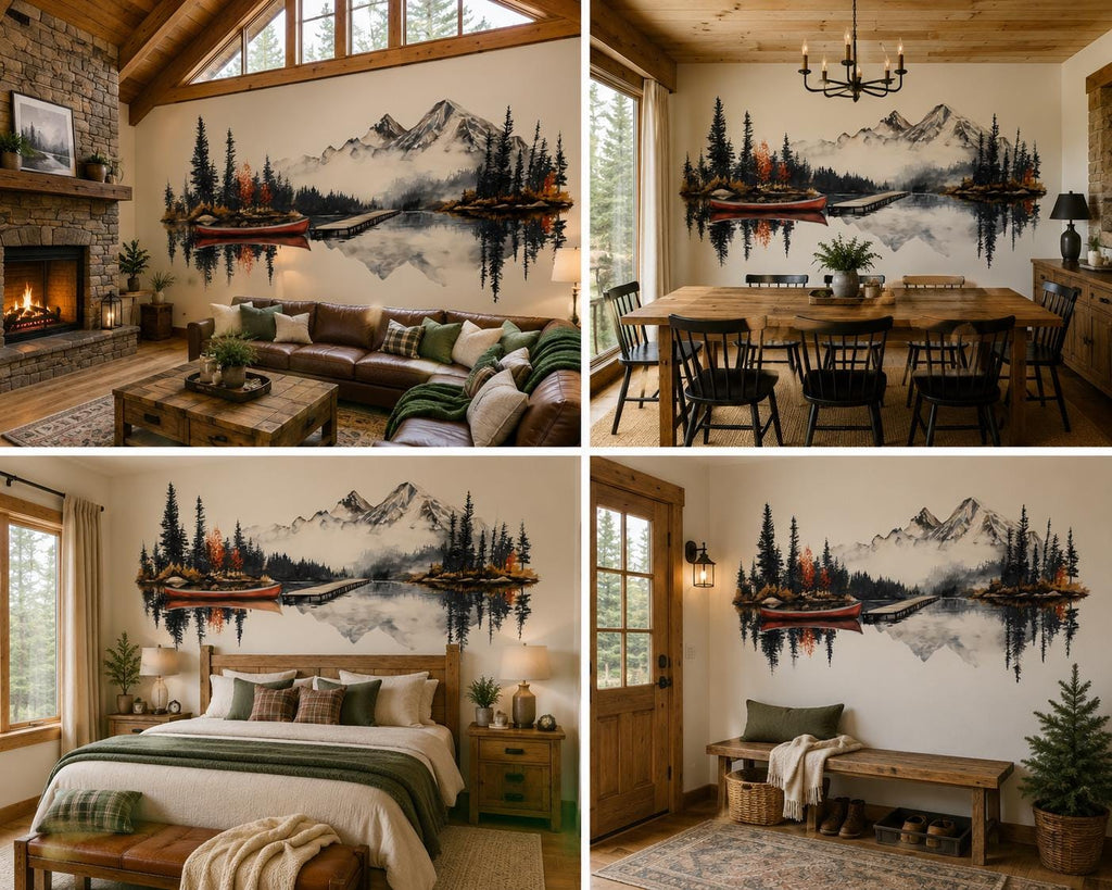 Mountain Lake Wall Decal, Rustic Cabin Wall Decor, Canoe Lake Wall Sticker, Lodge Fireplace Wall Art, Airbnb Cabin Decor, Nature Vinyl Decal