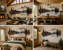 Load image into Gallery viewer, Mountain Lake Wall Decal, Rustic Cabin Wall Decor, Canoe Lake Wall Sticker, Lodge Fireplace Wall Art, Airbnb Cabin Decor, Nature Vinyl Decal