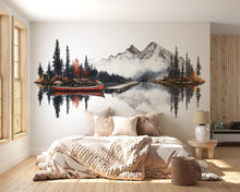 Load image into Gallery viewer, Mountain Lake Wall Decal, Rustic Cabin Wall Decor, Canoe Lake Wall Sticker, Lodge Fireplace Wall Art, Airbnb Cabin Decor, Nature Vinyl Decal
