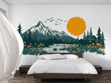 Load image into Gallery viewer, Mountain Sunset Wall Decal, Rustic Cabin Wall Decor, Lake House Wall Sticker, Mountain Landscape Wall Art, Airbnb Lodge Decor, Nature Vinyl
