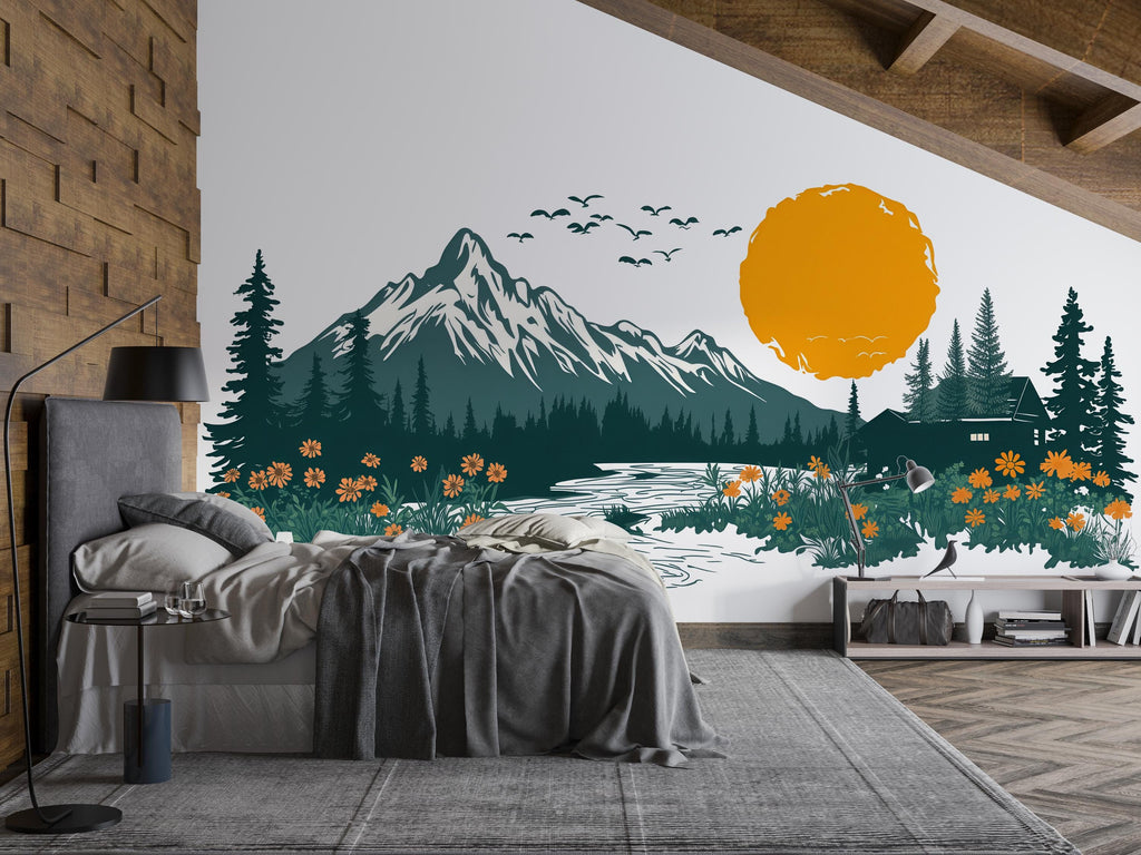 Mountain Sunset Wall Decal, Rustic Cabin Wall Decor, Lake House Wall Sticker, Mountain Landscape Wall Art, Airbnb Lodge Decor, Nature Vinyl