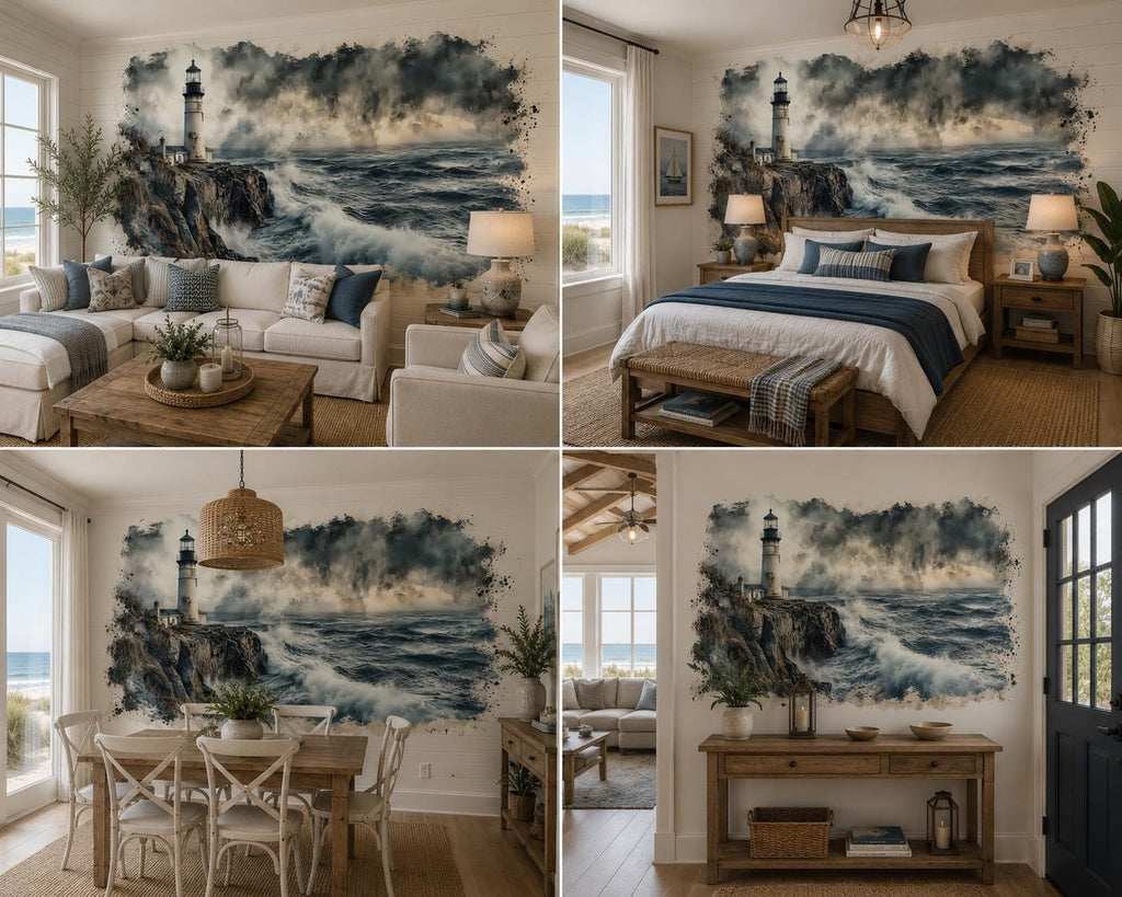 Lighthouse Entryway Wall Mural, Coastal Wallpaper, Beach House Decor, Peel and Stick Wallpaper, Nautical Wall Art, Airbnb Beach Home Decor