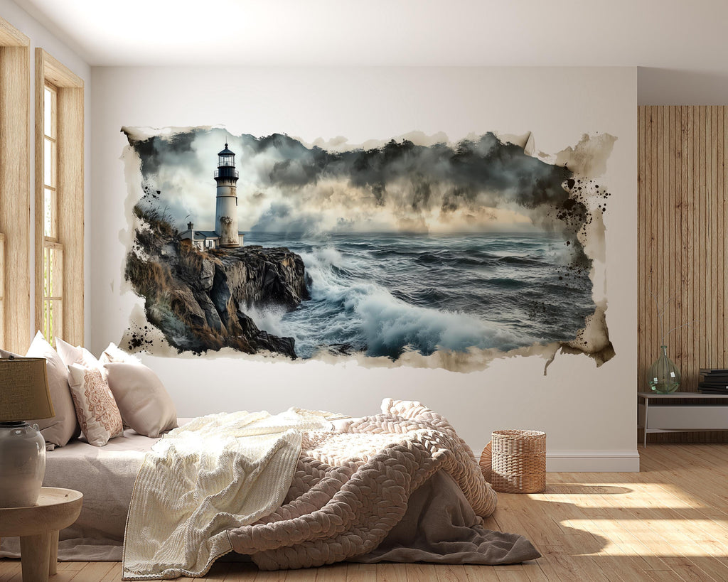 Lighthouse Entryway Wall Mural, Coastal Wallpaper, Beach House Decor, Peel and Stick Wallpaper, Nautical Wall Art, Airbnb Beach Home Decor