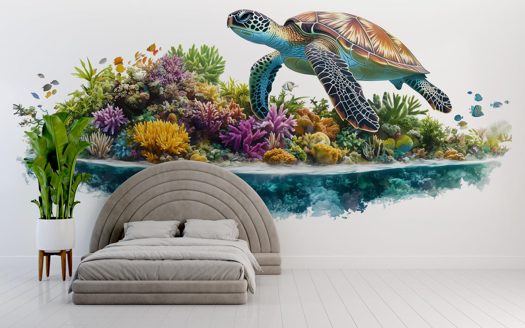 Sea Turtle Wall Mural, Coral Reef Wallpaper, Ocean Nursery Decor, Peel and Stick Wallpaper, Coastal Bedroom Wall Art, Underwater Mural