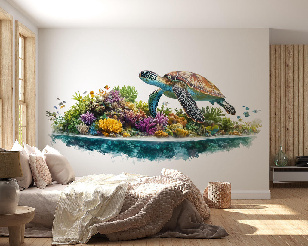 Sea Turtle Wall Mural, Coral Reef Wallpaper, Ocean Nursery Decor, Peel and Stick Wallpaper, Coastal Bedroom Wall Art, Underwater Mural