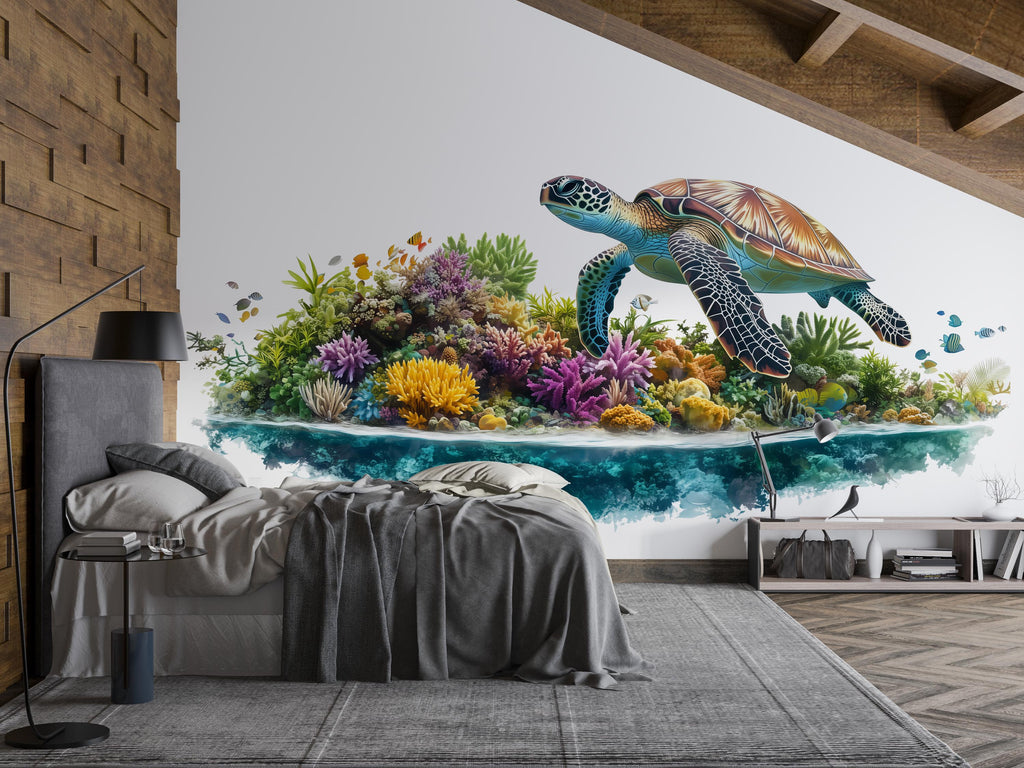 Sea Turtle Wall Mural, Coral Reef Wallpaper, Ocean Nursery Decor, Peel and Stick Wallpaper, Coastal Bedroom Wall Art, Underwater Mural
