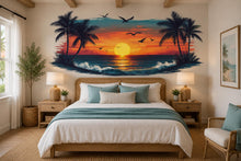Load image into Gallery viewer, Tropical Sunset Wall Decal, Beach Sunset Wall Sticker, Coastal Bedroom Decor, Palm Tree Ocean Wall Art, Airbnb Beach House Decor