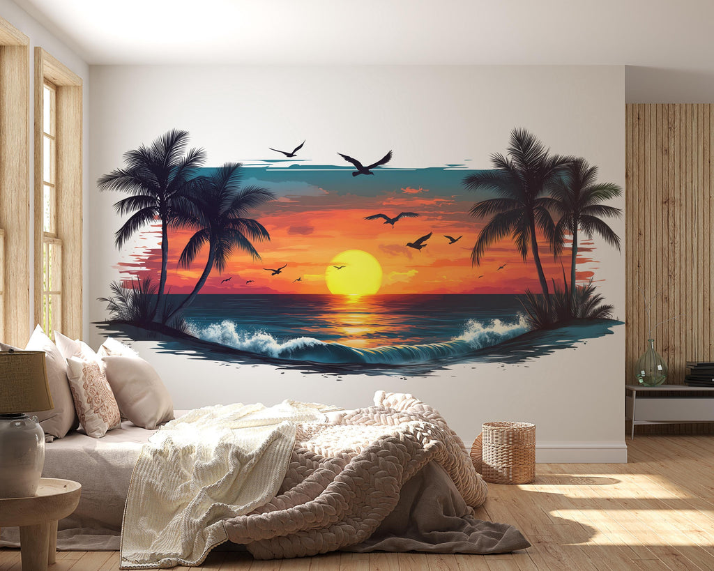 Tropical Sunset Wall Decal, Beach Sunset Wall Sticker, Coastal Bedroom Decor, Palm Tree Ocean Wall Art, Airbnb Beach House Decor